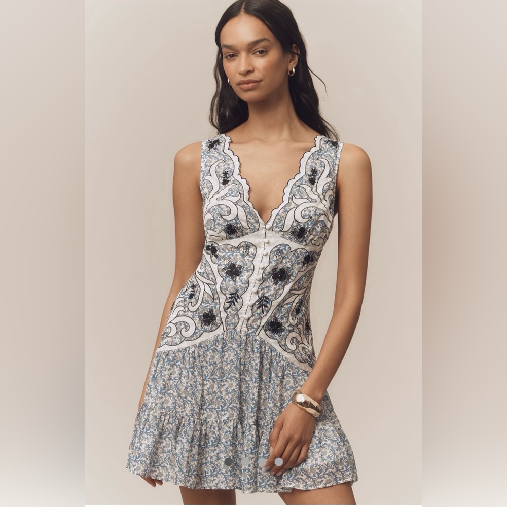 Anthropologie White and Blue V-Neck Mini Dress